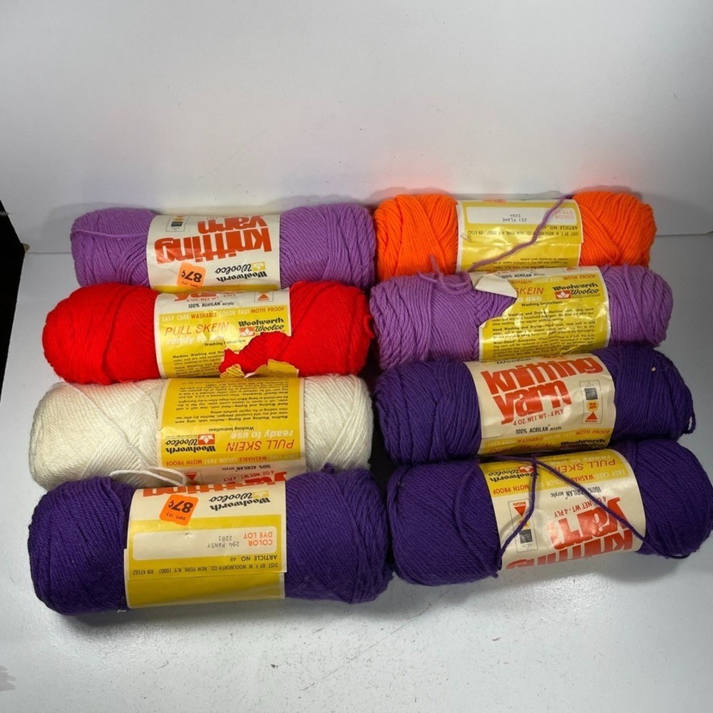 Woolworth Woolco Acrylic Knitting Yarn 8 Skeins Lot Purple Red Orange White